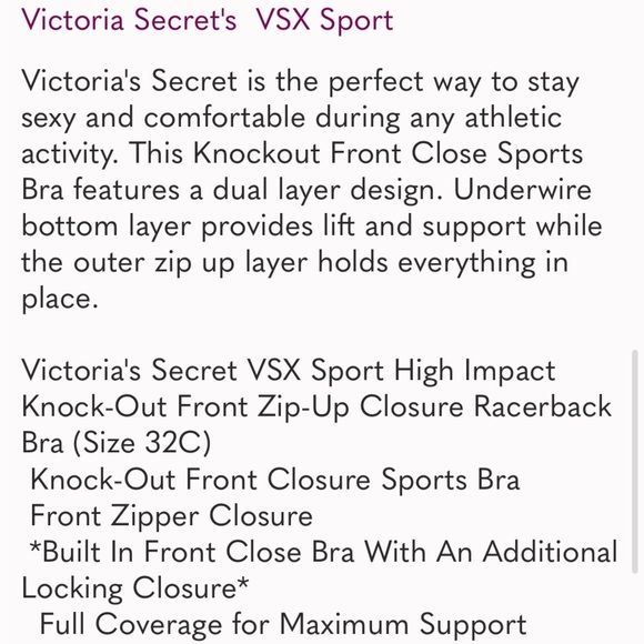 VSX sport bra 32DD Victoria secret’s high impact knock out front zip closure - Picture 9 of 10